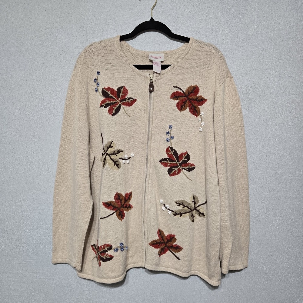 VTG Crystal Kobe Fall Forest Leaves Leaf Cardigan Womens Zip Up 1x Y2K
